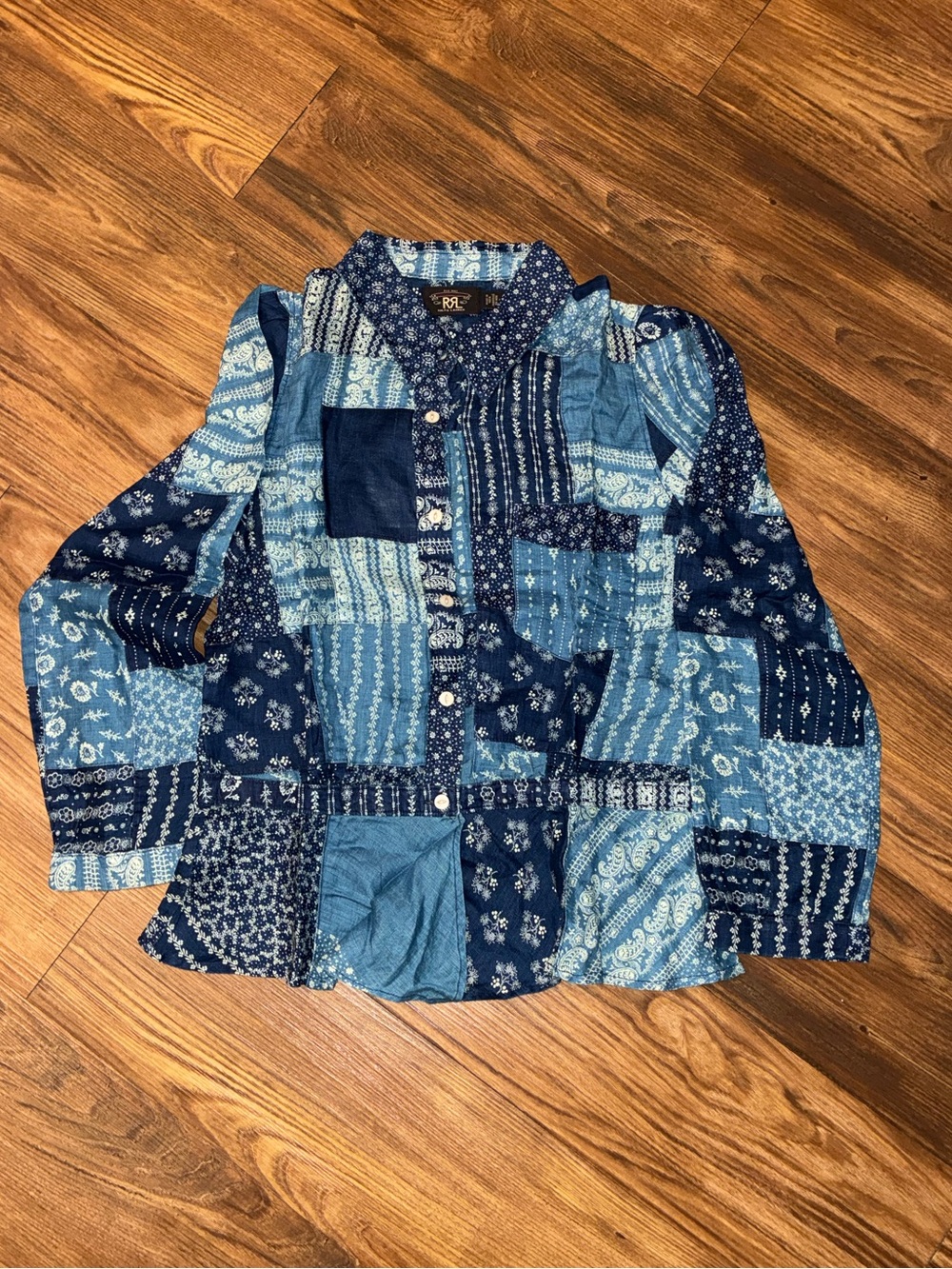 RRL Indigo Patchwork Peplum Linen Blouse